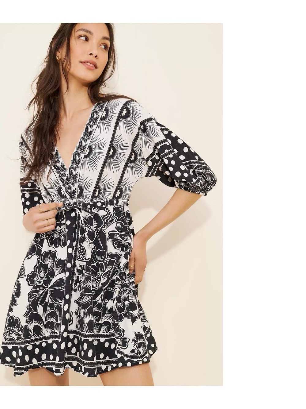 Farm Rio Black & White Floral V-Neck Tunic Dress size Large